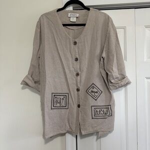 Giorgio Fiorlini Plus Collection Khaki Button Down Embroidered Design Size 18W